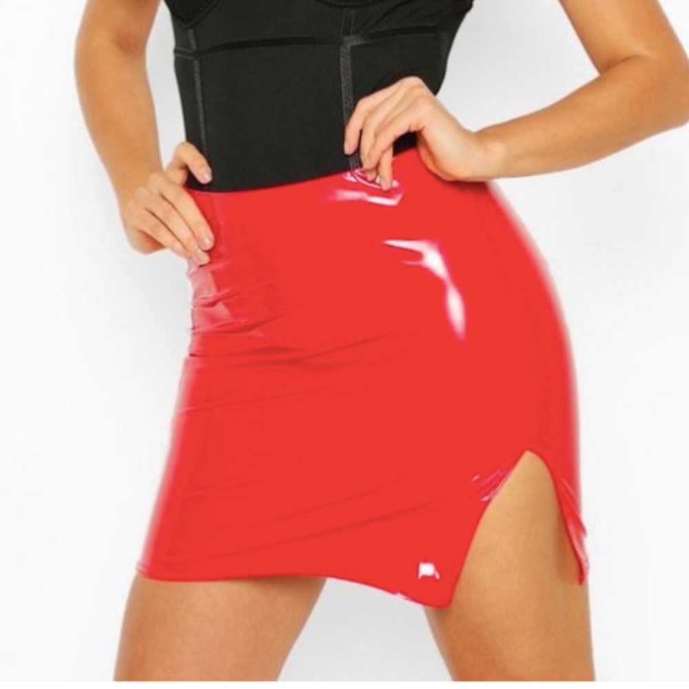 Red Vinyl Bodycon Skirt